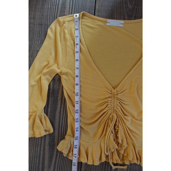 Urban Outfitters Shirt Womens Small Ruched Ruffle Bell Sleeve Polka Dot Crop Top - Picture 5 of 7